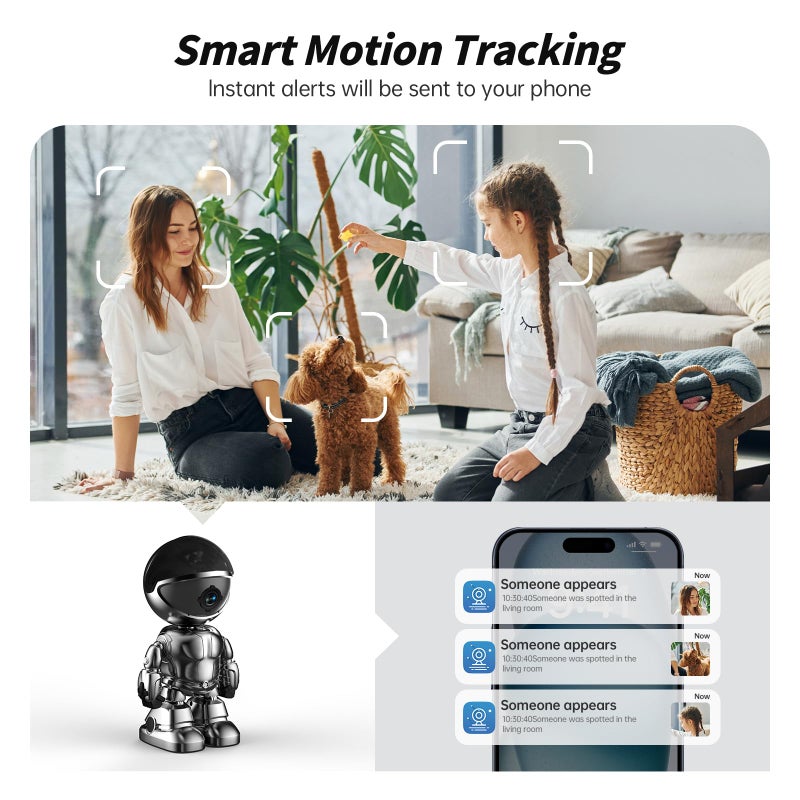 Chpuss Indoor Camera Robot, 2k 5g/2.4ghz WiFi Pet Robot Cam with Phone App EseeCloud, 360 PTZ Nanny Cam Dog Cam with Audio/Video, Spy Camera 2-Way Audio Motion Tracking 7/24 Night Vision - Image 3
