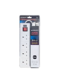 Sopany Power Extension Socket 4 Sockets Extension Board 5 Meter Cable, 220V240V 50 60Hz 2000W 10A SY8504-5