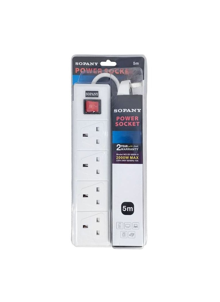 SOPANY - Sopany Power Extension Socket 4 Sockets Extension Board 5 Meter Cable, 220V240V 50 60Hz 2000W 10A SY8504-5 - Image 1
