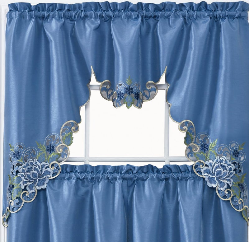 GOHD Golden Ocean Home Decor GOHD Passionate Bloom Kitchen Curtain Swag Valance and Tier Set Nice Embroidery on Faux Silk Fabric with cutworks Riverside Blue