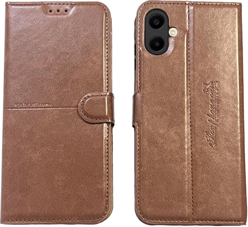 (لـ A06) غطاء قلاب من الجلد الصناعي من Kaiyue بتغطية كاملة لهاتف Samsung Galaxy A06، غطاء مزود بمسند وحماية كاملة للكاميرا (بني)