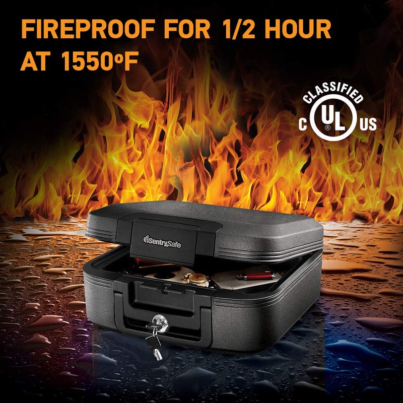 SentrySafe Charcoal Gray Fireproof and Waterproof Safe Box with Key Lock, Portable Chest for Money, Passport, 0.28 Cubic Feet, 6.6 x 15.4 x 14.3 Inches, CHW20221 - Image 2