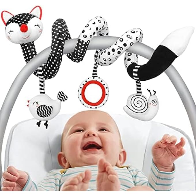 INFANT CAR SEAT AND STROLLER TOY,HIGH CONTRAST BLACK AND WHITE FOX SPIRAL ACTIVITY PLUSH,HANGING RATTLES,VISUAL DEVELOPMENT TOY FOR NEWBORNS AND BABIES,SOFT PLUSH GIFT FOR GIRLS AND BOYS - Image 1