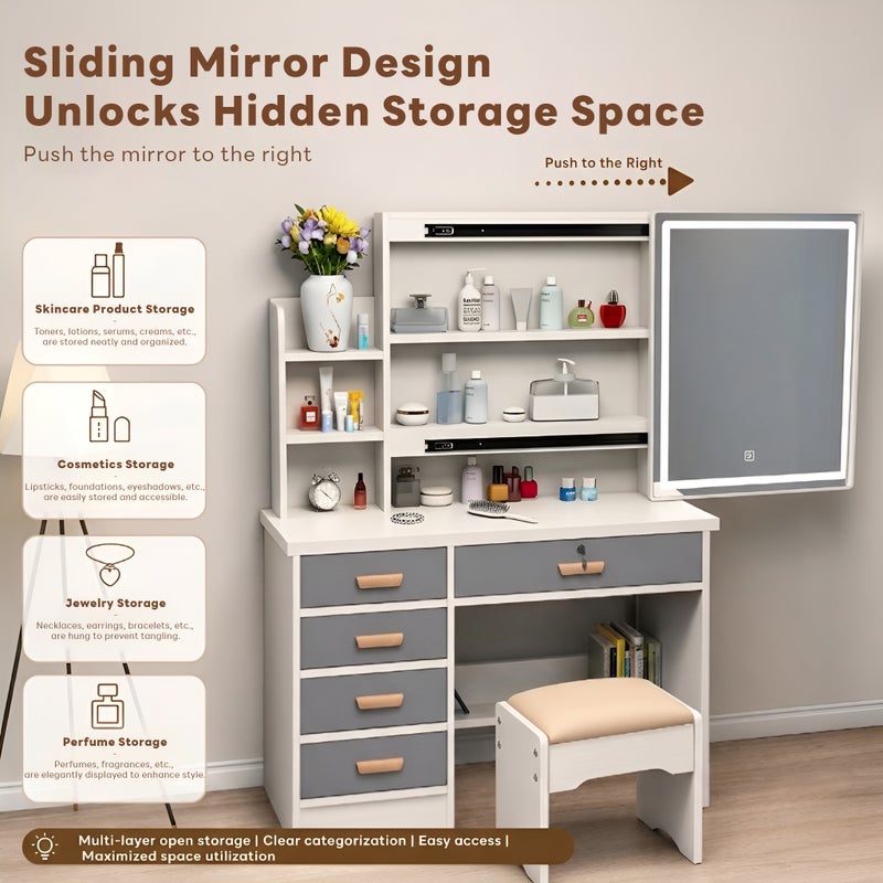 Sharpdo LED Vanity Desk with Sliding Lighted Mirror, Multifunctional Makeup Dressing Table with Storage Drawers & Hidden Shelves, Cushioned Stool Included for Bedroom, Dressing Room, Apartment - Image 3