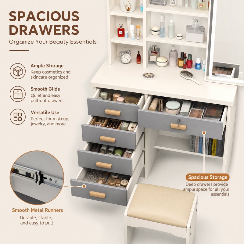 Sharpdo LED Vanity Desk with Sliding Lighted Mirror, Multifunctional Makeup Dressing Table with Storage Drawers & Hidden Shelves, Cushioned Stool Included for Bedroom, Dressing Room, Apartment - Image 4