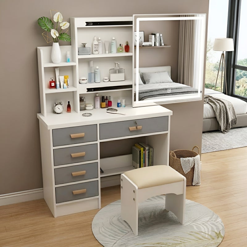 Sharpdo LED Vanity Desk with Sliding Lighted Mirror, Multifunctional Makeup Dressing Table with Storage Drawers & Hidden Shelves, Cushioned Stool Included for Bedroom, Dressing Room, Apartment - Image 1