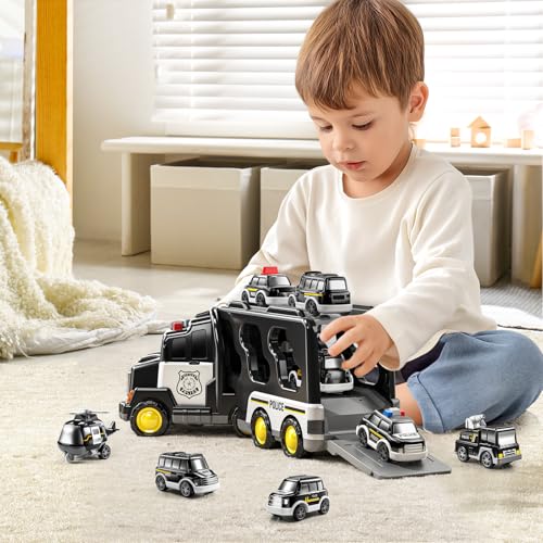 JUKUDAHU Police Truck Toy for 3 4 5 6 Years Old Boys Carrier Vehicle Toy Set with 3 Small Cars and 1 Helicopter Kids Firction Powered Car for Age 39 Gifts for Boys and Girls - Image 5