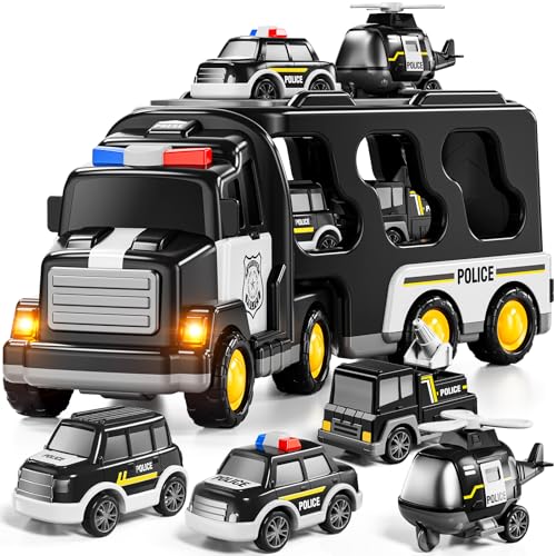 JUKUDAHU Police Truck Toy for 3 4 5 6 Years Old Boys Carrier Vehicle Toy Set with 3 Small Cars and 1 Helicopter Kids Firction Powered Car for Age 39 Gifts for Boys and Girls - Image 1