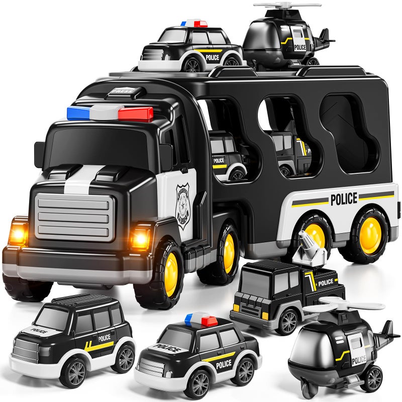 JUKUDAHU Police Truck Toy for 3 4 5 6 Years Old Boys Carrier Vehicle Toy Set with 3 Small Cars and 1 Helicopter Kids Firction Powered Car for Age 39 Gifts for Boys and Girls - Image 2