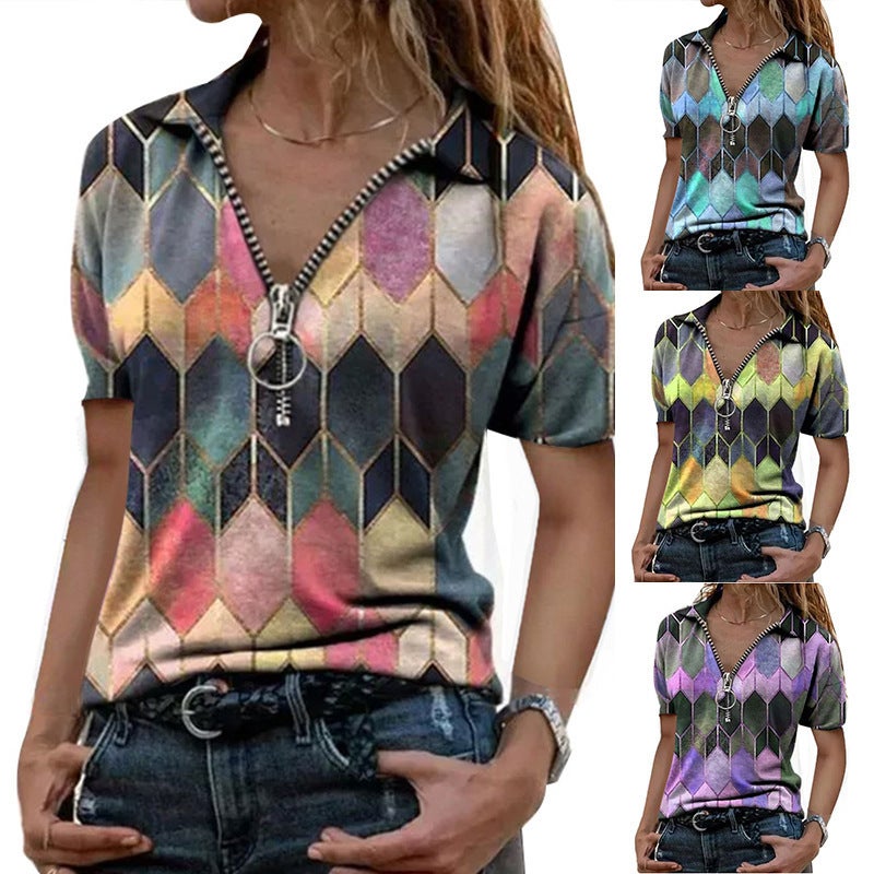 Plus Size Women'S 2024 Women'S New T-Shirt Summer Short-Sleeved Zipper V-Neck Contrast Printed Base Shirt Top - Image 2