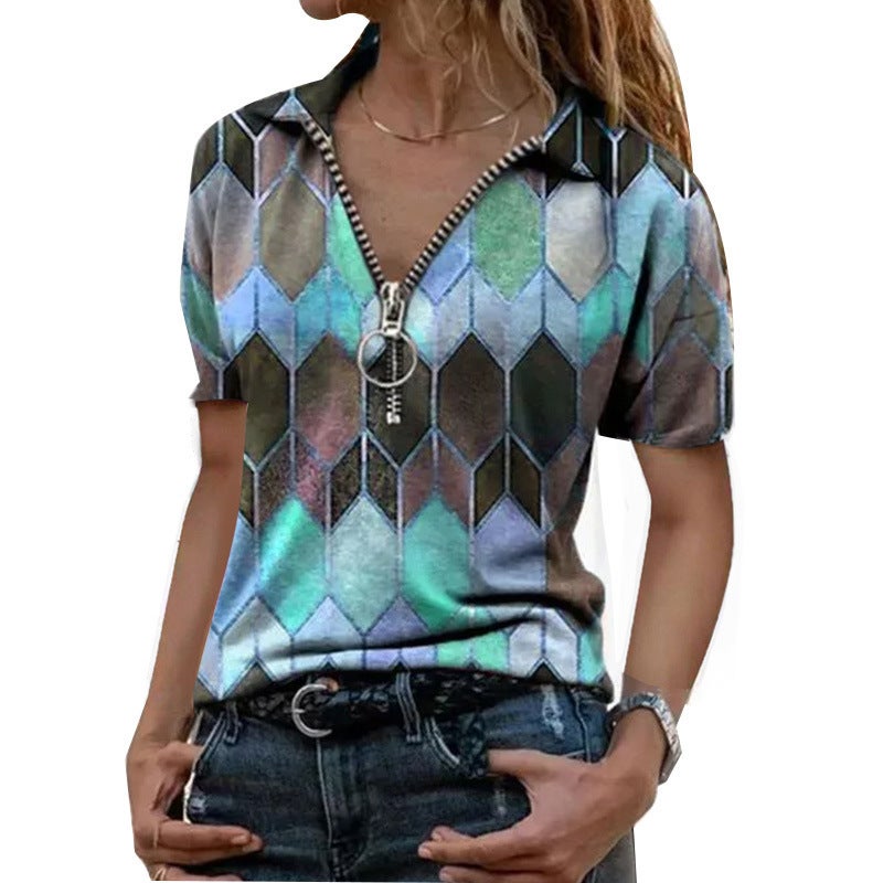 Plus Size Women'S 2024 Women'S New T-Shirt Summer Short-Sleeved Zipper V-Neck Contrast Printed Base Shirt Top - Image 5