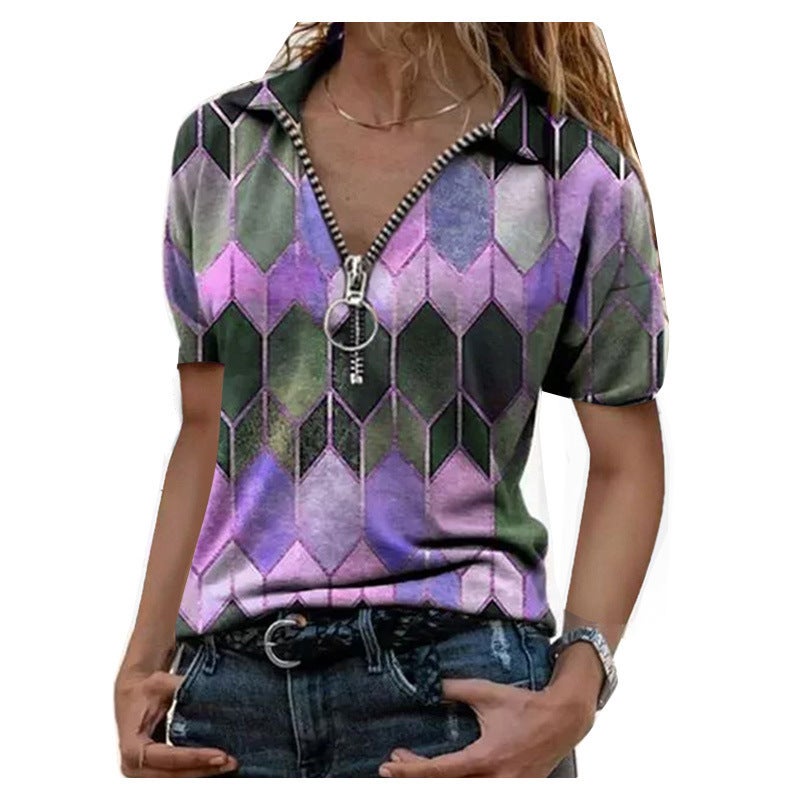 Plus Size Women'S 2024 Women'S New T-Shirt Summer Short-Sleeved Zipper V-Neck Contrast Printed Base Shirt Top - Image 4