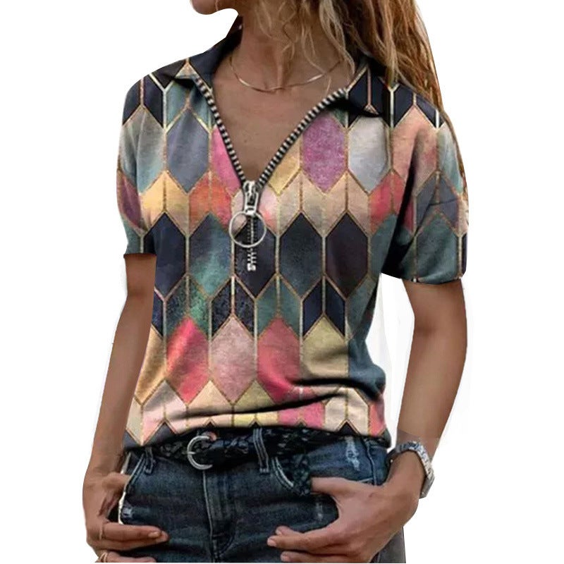 Plus Size Women'S 2024 Women'S New T-Shirt Summer Short-Sleeved Zipper V-Neck Contrast Printed Base Shirt Top - Image 3