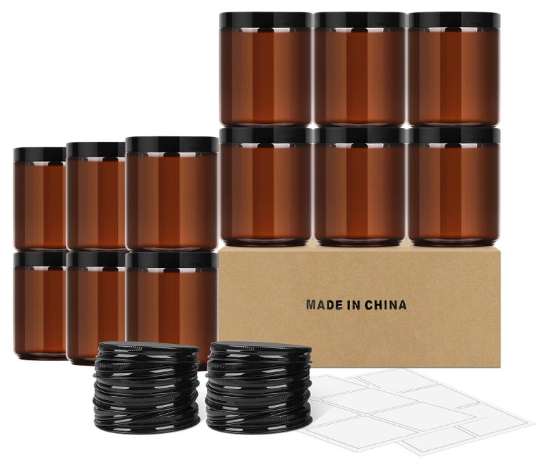 SKYLINK 8oz Amber Glass Jars with Plastic & Metal Lids, 12 Pack Airtight Empty Candle Jars, Small Mason Jars for Food Storage, Spices, Honey, Candy, DIY Candles, and Crafts - Image 1