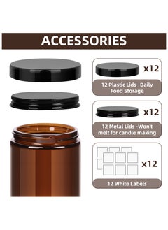SKYLINK 8oz Amber Glass Jars with Plastic & Metal Lids, 12 Pack Airtight Empty Candle Jars, Small Mason Jars for Food Storage, Spices, Honey, Candy, DIY Candles, and Crafts  - Image 2