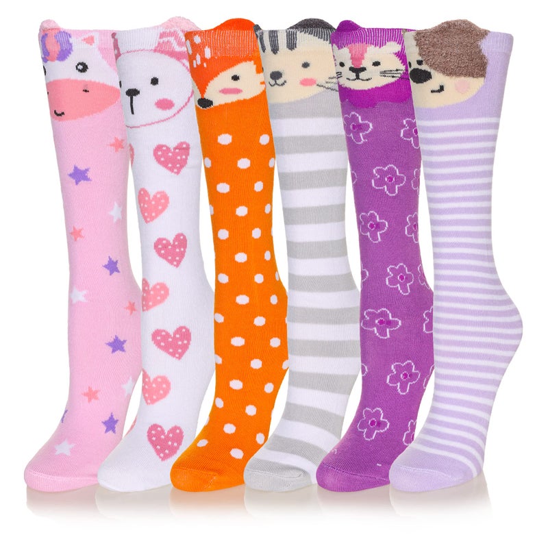Eocom Girls Knee High Socks Kids Crazy Fun Gift Silly Tall Boot Cute Animal Cotton Long Socks 6 Pairs(Animal C, 3-12 Years) - Image 1