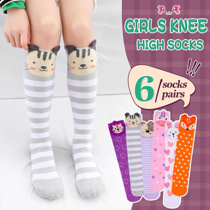 Eocom Girls Knee High Socks Kids Crazy Fun Gift Silly Tall Boot Cute Animal Cotton Long Socks 6 Pairs(Animal C, 3-12 Years) - Image 2