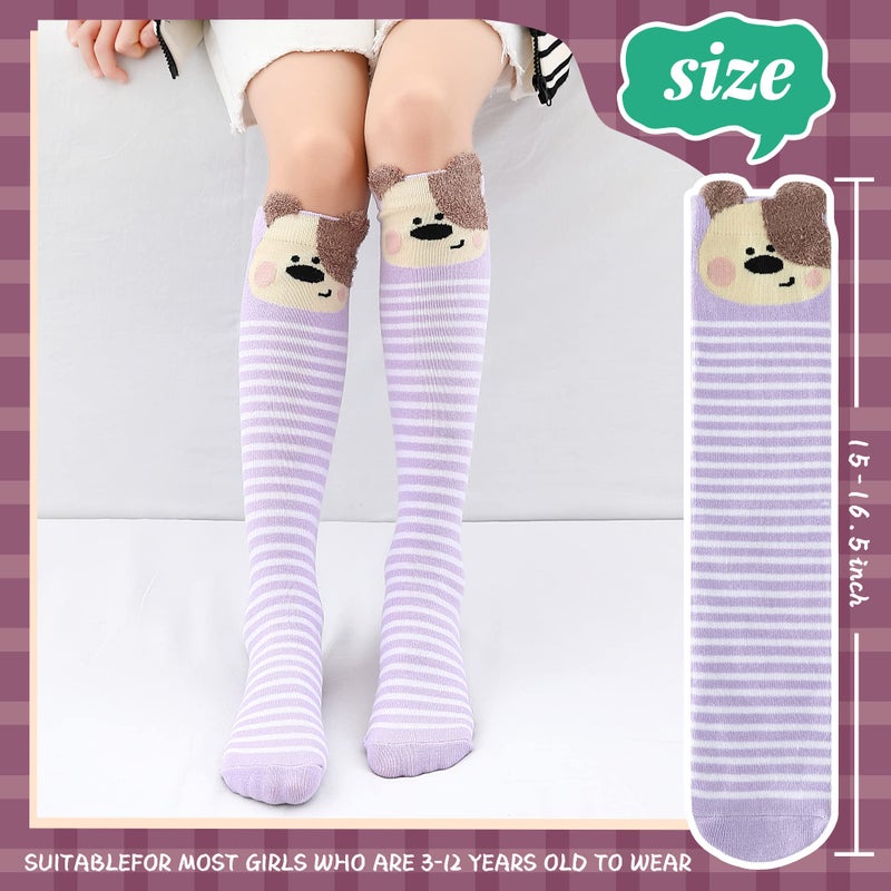 Eocom Girls Knee High Socks Kids Crazy Fun Gift Silly Tall Boot Cute Animal Cotton Long Socks 6 Pairs(Animal C, 3-12 Years) - Image 5