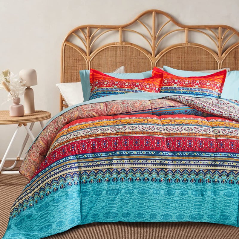 Flysheep Boho Striped Bed in a Bag 7 Pieces Queen Size Colorful Bohemian Tribal Teal Blue Red Reversible Comforter Bed Set 1 Comforter 1 Flat Sheet 1 Fitted Sheet 2 Pillow Shams 2 Pillowcases
