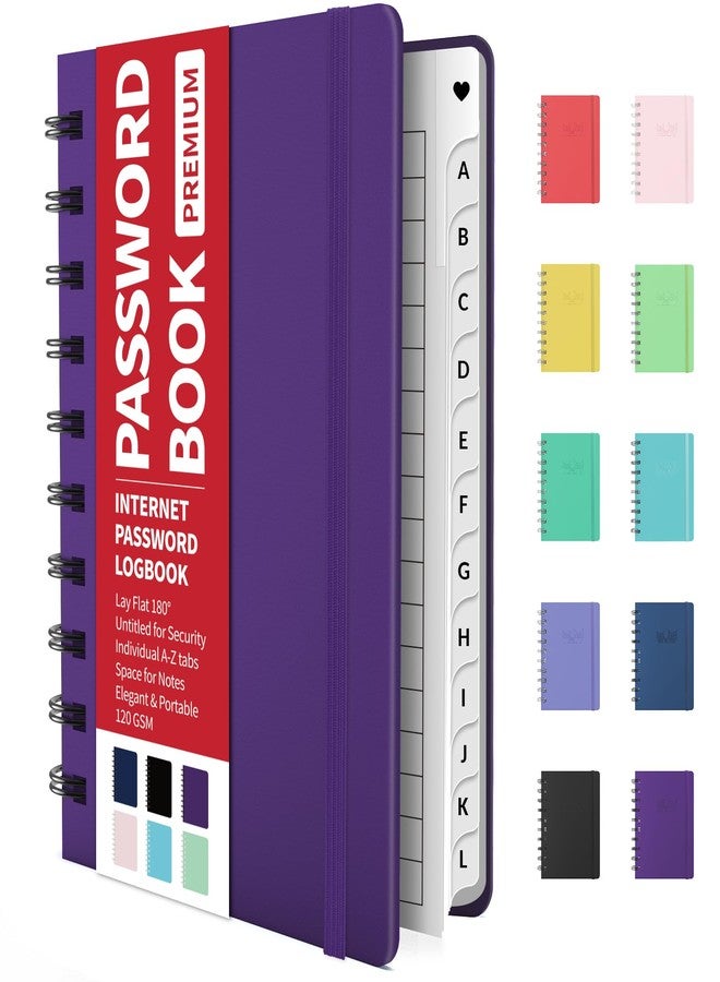 Forvencer Password Book with Individual Alphabetical Tabs, 4" x 5.5" Small Password Notebook, Spiral Password Keeper, Internet Address and Password Organizer, Password Logbook for Home Office, Purple - Image 1