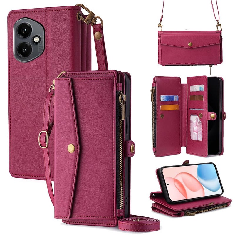 erorex For Honor 400 Global 156.5mm Zipper Wallet Side Buckle Crossbody Lanyard Leather Phone Case(Red) - Image 1