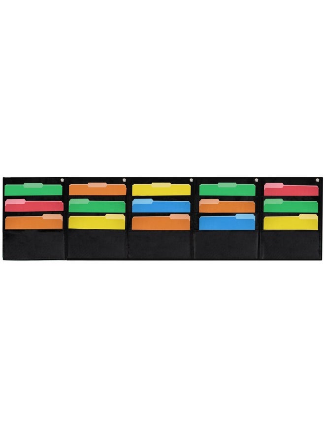 Essex Wares - 15 Pocket Horizontal File Hanging Paper Organizer For Letter Documents, Black, 68.4" Wide X 18.6" - Hanging Pocket File Organizer - Black Pocket Chart For Classroom & Office - 15 Pockets  - Image 1