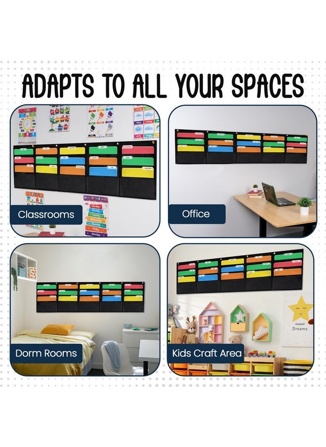 Essex Wares - 15 Pocket Horizontal File Hanging Paper Organizer For Letter Documents, Black, 68.4" Wide X 18.6" - Hanging Pocket File Organizer - Black Pocket Chart For Classroom & Office - 15 Pockets  - Image 3