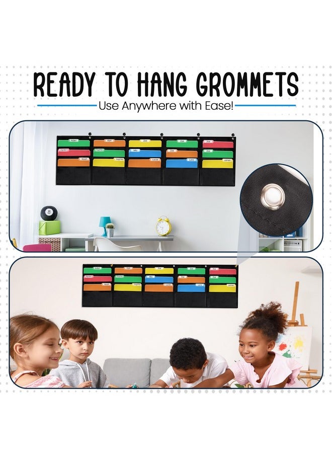 Essex Wares - 15 Pocket Horizontal File Hanging Paper Organizer For Letter Documents, Black, 68.4" Wide X 18.6" - Hanging Pocket File Organizer - Black Pocket Chart For Classroom & Office - 15 Pockets  - Image 5