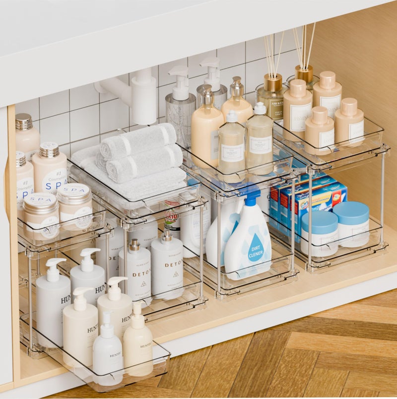 Yieach 4 Pack Under Sink Organizers and Storage,Clear Acrylic Bathroom Organizer and Cabinet Organization for Makeup,Medicine,Two Tier Pull Out Cabinet Organizer Drawers for Pantry,Vanity Storage Bins - Image 1