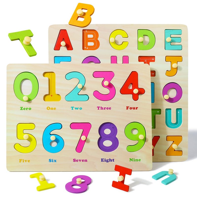 GR GRINNNIE GRINNNIE Toddler Puzzle for 2 3 4 Years Old, Wooden Alphabet Number Peg Puzzles for Preschool Toddlers Age 2-4, Great Learning Puzzle Toy 1st Birthday Gift for Girls Boys - Image 1