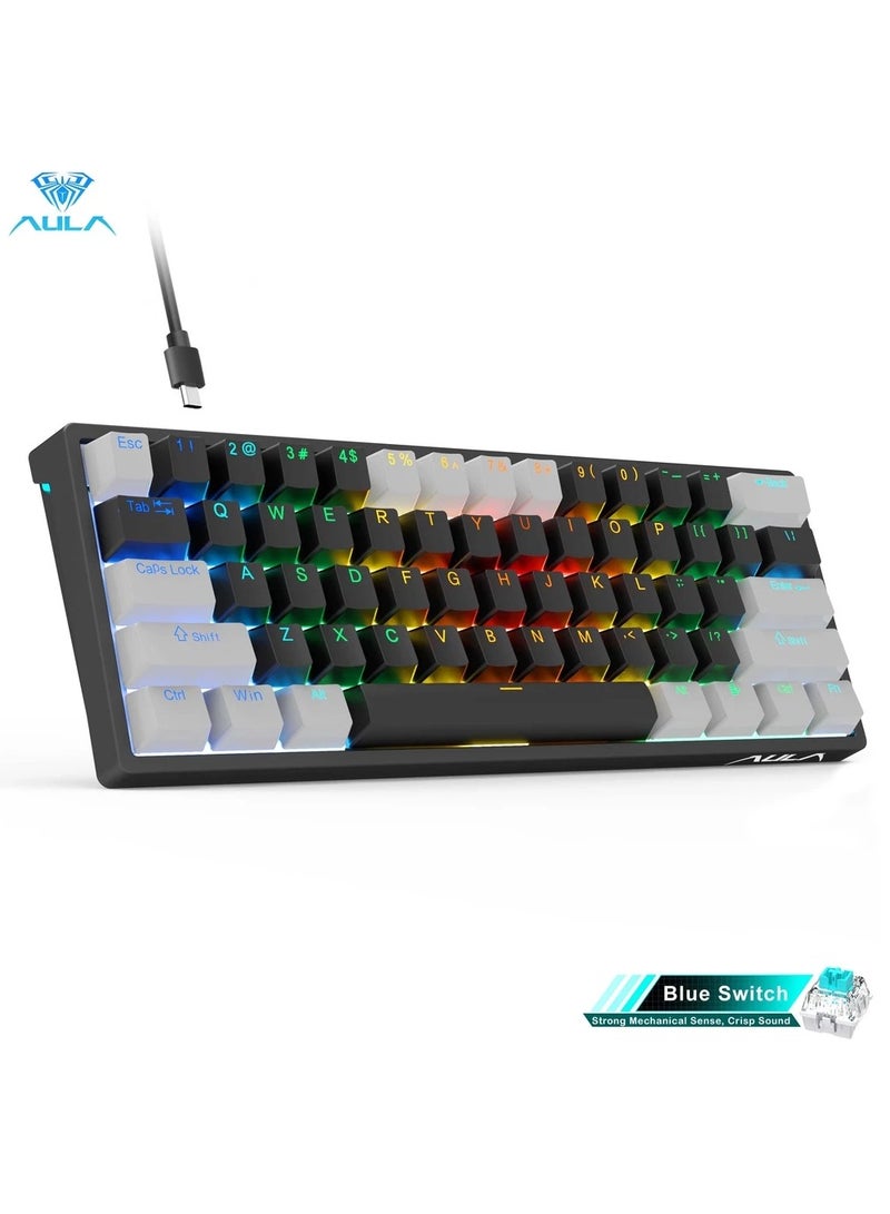 أولا لوحة مفاتيح ميكانيكية سلكية AULA F3261 مكونة من 61 مفتاحًا قابلة للتبديل السريع RGB ولوحة مفاتيح ألعاب مضغوطة بإضاءة خلفية LED ووضع Type-C (رمادي أسود - مفتاح أزرق) - Image 1