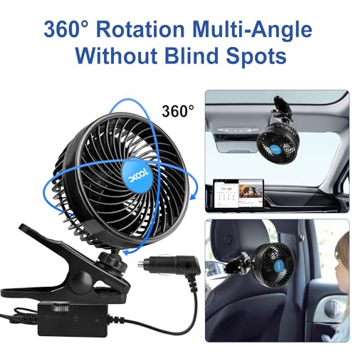 XOOL 12V 6'' Car Fan, Clip Fan 360 Degree Rotatable Car Fan Cooling Air Fan with Stepless Speed Regulation & Cigarette Lighter Plug for SUV, RV, Vehicles - Image 2