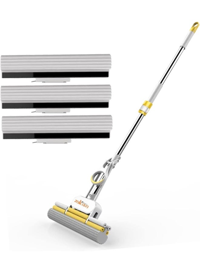 Zalcoon PVA Sponge Mop 33cm, Telescopic Handle Quadruple Roller| 3 Extra Super Absorbent PVA Sponge Refill | Household Cleaning Tool |Best for Kitchen, Tiles, Multi-Surface Hard Floor (1+3)  - Image 1