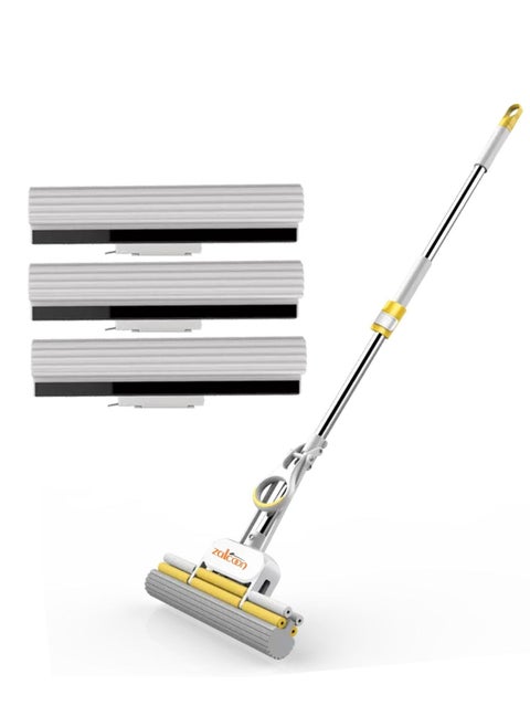 PVA Sponge Mop, Telescopic Handle Quadruple Roller| 3 Extra Super Absorbent PVA Sponge Refill | Household Cleaning Tool |Best for Kitchen, Tiles, Multi-Surface Hard Floor (1+3)