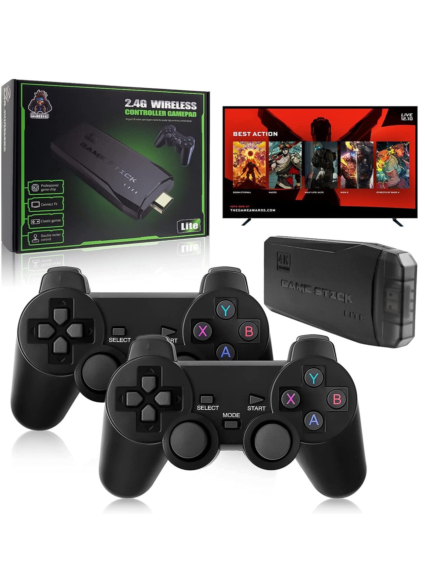 Integrated retro 4K game console with dual 2.4G wireless controllers, plug-and-play video game stick, built-in 3,500 games, 9 classic emulators, high-definition HDMI output for TV (64G, 10000+ games)