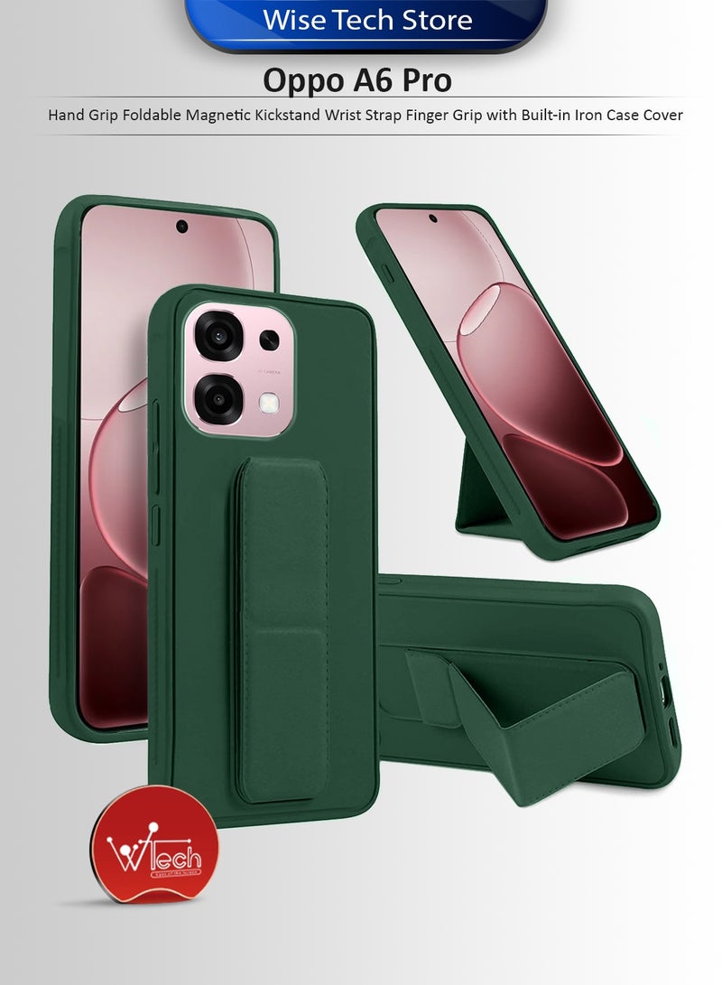 دبليو تيك مسكة يد لهاتف Oppo A6 Pro 5G 2025 قابلة للطي مع حامل مغناطيسي وسوار معصم ومقبض للأصابع مع غطاء حقيبة من الحديد المدمج (MCGHSN) - أخضر داكن - Image 1