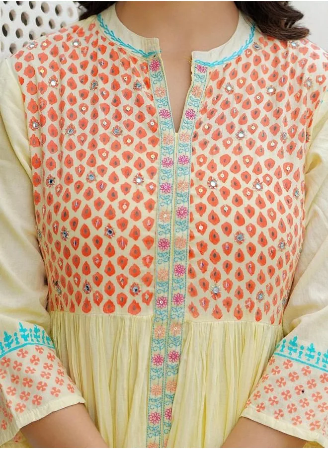 آي شين Elegant Women Yellow Cotton Dress with Embroidered pattern and features a Round neckline and Three-Fourth Sleeve secured with closure and styled in Straight Fit ideal for Festive moments — perfect for fashion-forward occasions.
