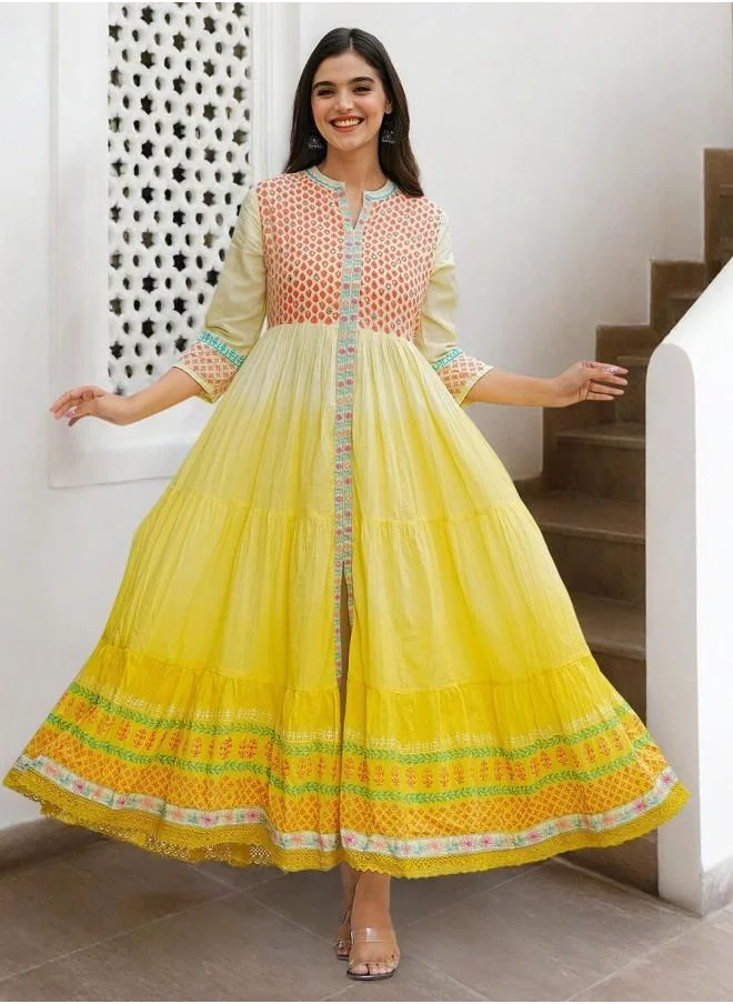 آي شين Elegant Women Yellow Cotton Dress with Embroidered pattern and features a Round neckline and Three-Fourth Sleeve secured with closure and styled in Straight Fit ideal for Festive moments — perfect for fashion-forward occasions.