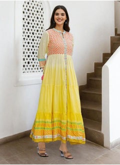 ISHIN Elegant Women Yellow Cotton Dress with Embroidered pattern and features a Round neckline and Three-Fourth Sleeve secured with closure and styled in Straight Fit ideal for Festive moments — perfect for fashion-forward occasions.  - Image 3