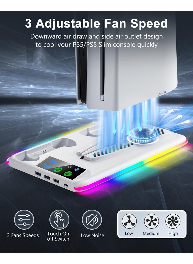 PS5 Stand and Cooling Station with Dual Controller Charger, PS5 Cooling Fan with RGB LED Light and USB Hub, Multifunctional Vertical Charging Dock for PlayStation 5 Accessories, Compatible with PS5 Pro, PS5 Slim and PS5 Console, Gaming Station with Controller Charging and Storage Organizer - Image 3
