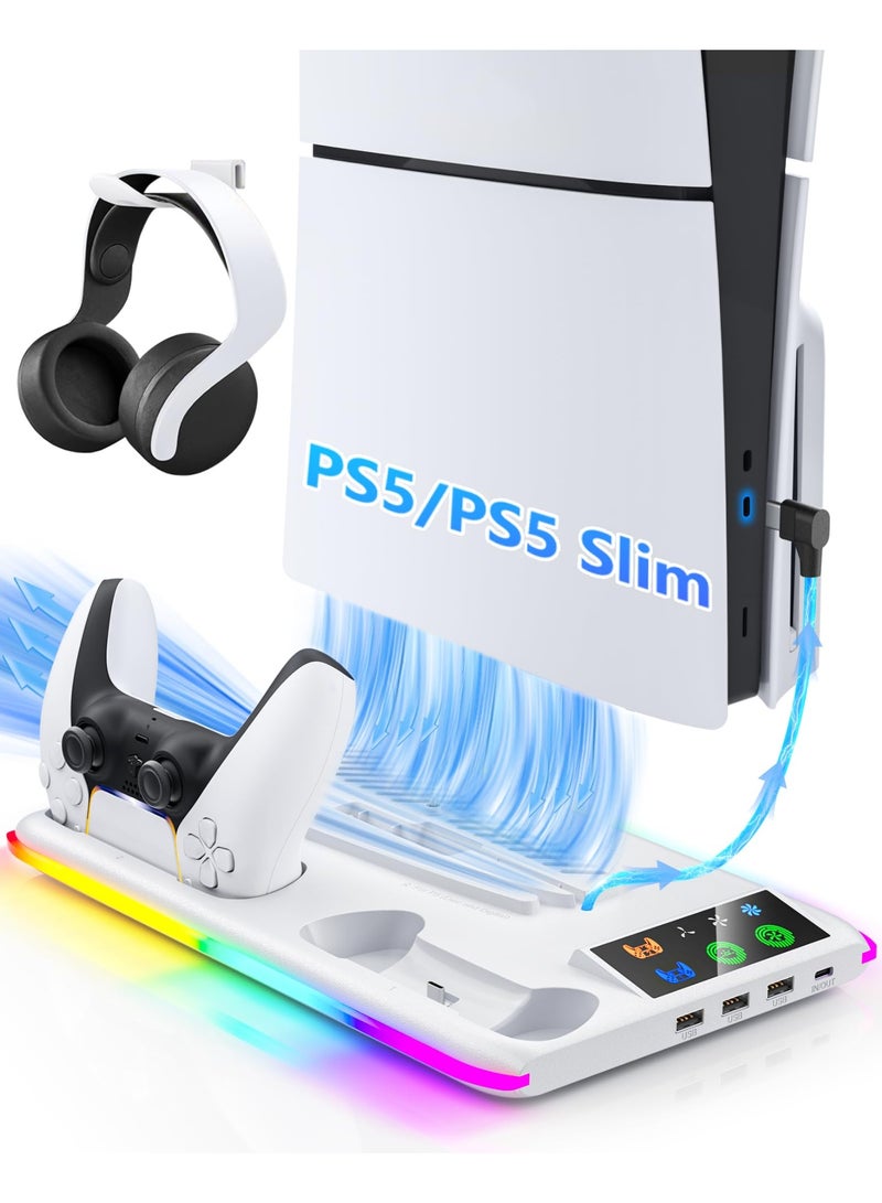 PS5 Stand and Cooling Station with Dual Controller Charger, PS5 Cooling Fan with RGB LED Light and USB Hub, Multifunctional Vertical Charging Dock for PlayStation 5 Accessories, Compatible with PS5 Pro, PS5 Slim and PS5 Console, Gaming Station with Controller Charging and Storage Organizer - Image 1