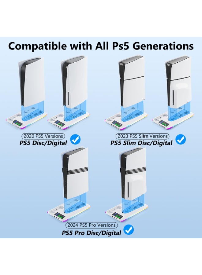 PS5 Stand and Cooling Station with Dual Controller Charger, PS5 Cooling Fan with RGB LED Light and USB Hub, Multifunctional Vertical Charging Dock for PlayStation 5 Accessories, Compatible with PS5 Pro, PS5 Slim and PS5 Console, Gaming Station with Controller Charging and Storage Organizer - Image 2
