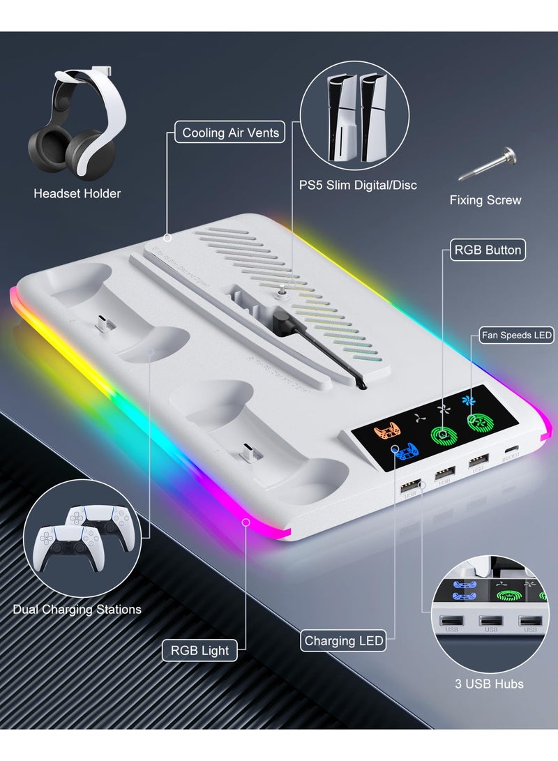 PS5 Stand and Cooling Station with Dual Controller Charger, PS5 Cooling Fan with RGB LED Light and USB Hub, Multifunctional Vertical Charging Dock for PlayStation 5 Accessories, Compatible with PS5 Pro, PS5 Slim and PS5 Console, Gaming Station with Controller Charging and Storage Organizer - Image 5