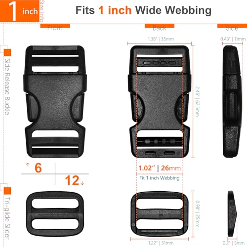 HISUNTEC 1" Straps and Buckles Set: 6 yard Nylon Webbing 1 inch (25 mm) Wide, 6 pack Side Release Buckle, 12 pcs Tri-Glide Sliders, Plastic Clip Quick Fastener Replacement Heavy Duty Dual Adjustable No Sew - Image 2