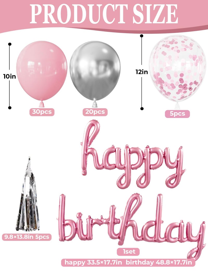 Haolongfa Pink Happy Birthday Decorations for Women and Girls â€“ Pink and Silver Balloons, Happy Birthday Banner, Foil Crown Love Balloons with Fringe Curtain for Birthday Party Supplies - Image 2