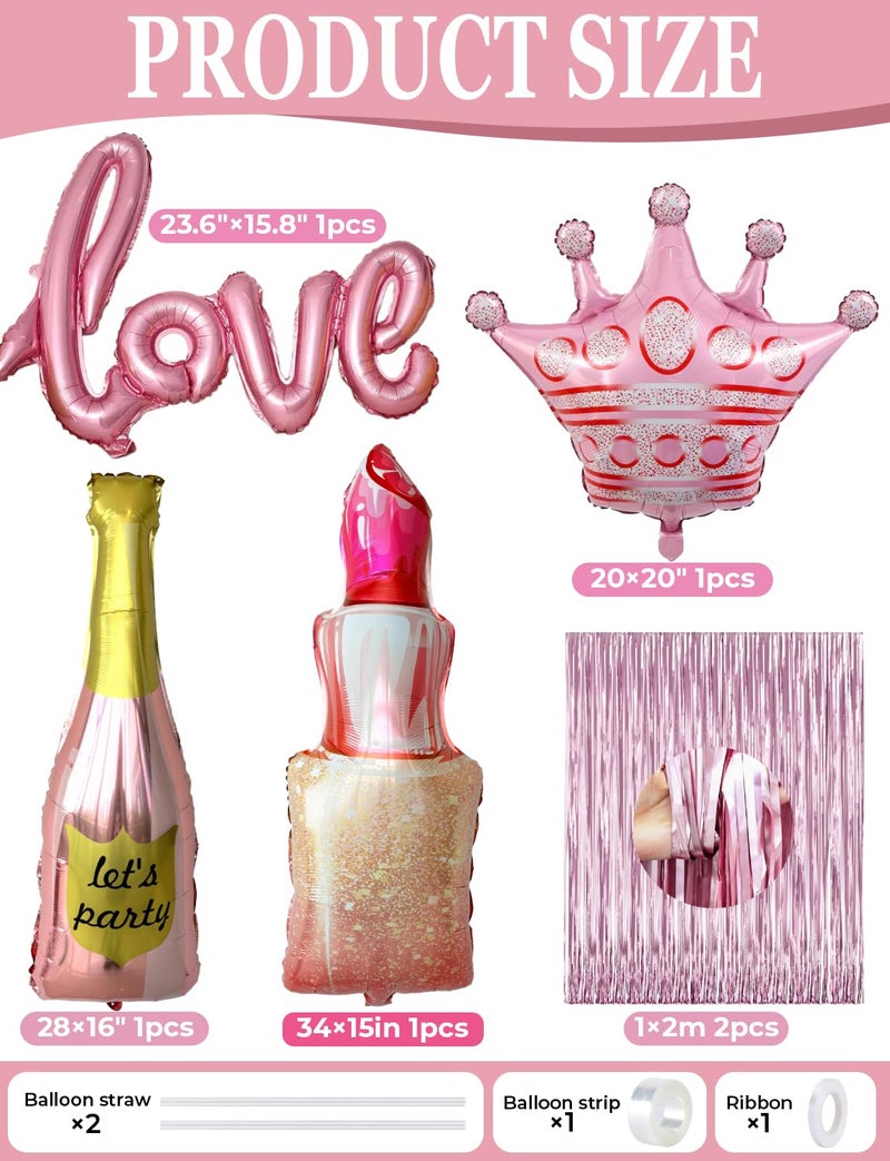 Haolongfa Pink Happy Birthday Decorations for Women and Girls â€“ Pink and Silver Balloons, Happy Birthday Banner, Foil Crown Love Balloons with Fringe Curtain for Birthday Party Supplies - Image 3