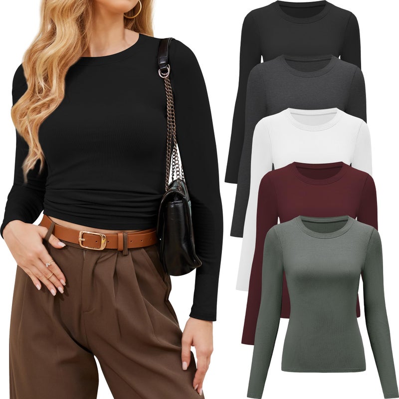 CE' CERDR 3/5 Pack Womens Long Sleeve Shirts Crew Neck Basic Tees Tight Fitted Casual Going Out Stretchy Slim Tops - Image 1