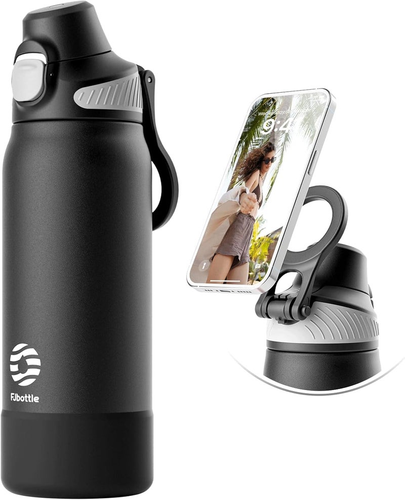 Fjbottle Thermal Water Bottle with Straw, Magnetic Handle Phone Holder + Double Drinking System Sports Bottle 1L/700/600 ml – 1 Click Opening/BPA/Leak Free for Gym, Yoga - Image 1