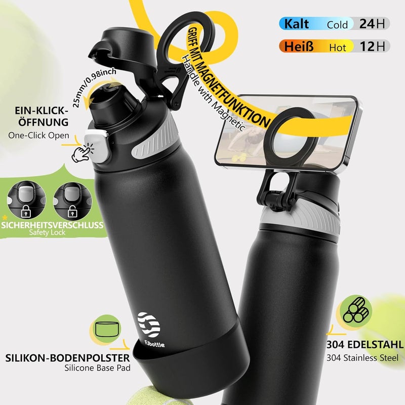 Fjbottle Thermal Water Bottle with Straw, Magnetic Handle Phone Holder + Double Drinking System Sports Bottle 1L/700/600 ml – 1 Click Opening/BPA/Leak Free for Gym, Yoga - Image 4
