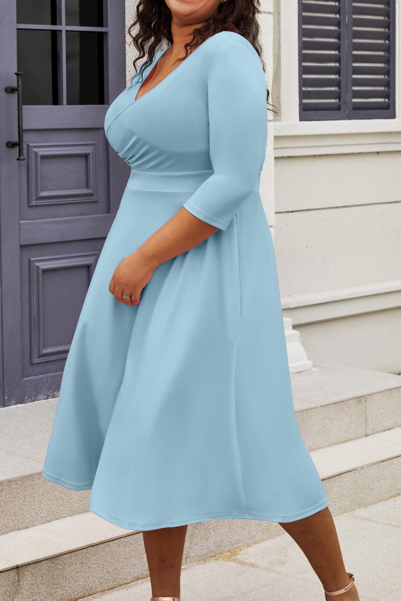 CLOCOR Women's Plus Size Midi Dress 3/4 Sleeve A-Line Swing Dress V Neck Flowy Casual Dresses Light Blue 3X-Large - Image 3